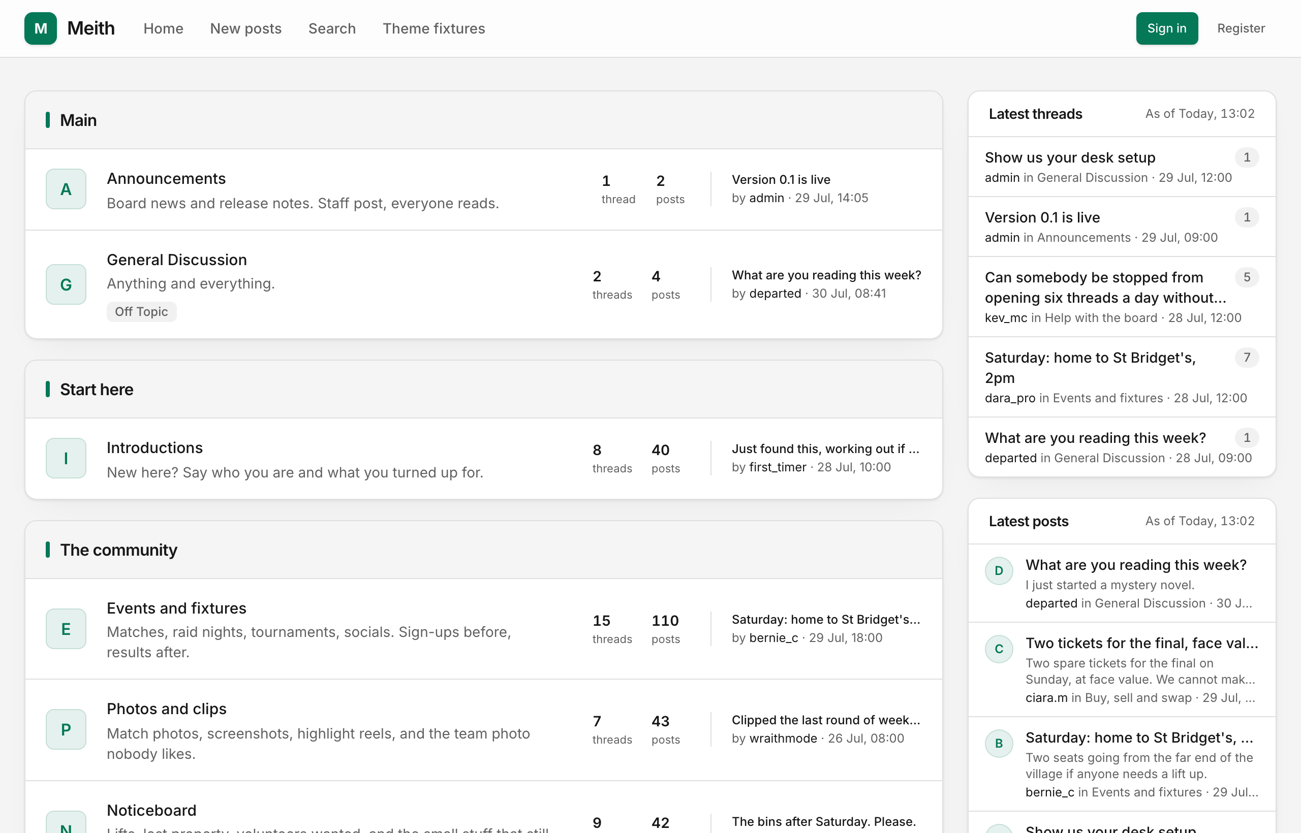 Meith forum interface with discussion categories, latest threads and community posts